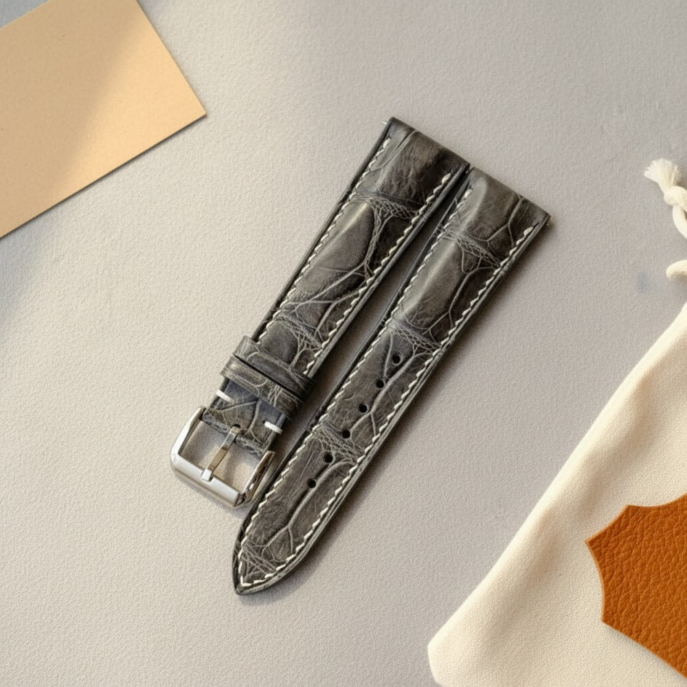 Handmade Gray Alligator Leather Watch Strap