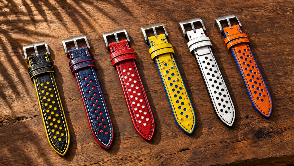 Black Yellow Rally Watch Strap Padded Small – Handstitched Epsom Leather with Racing Holes