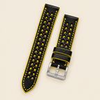 Black & Yellow Rally Watch Strap – Handstitched Epsom Leather with Racing Holes