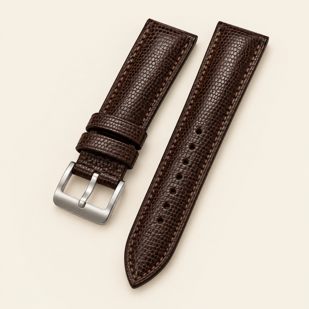Chocolate Brown Lizard Leather Watch Strap – Handstitched, Padded