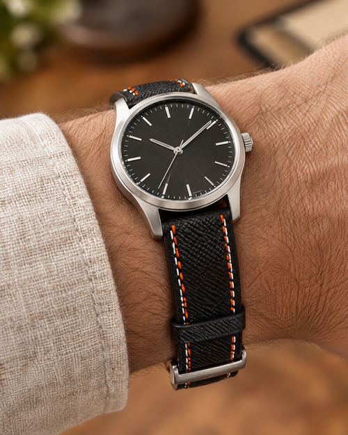 Black Orange Epsom Leather Watch Strap – Handstitched