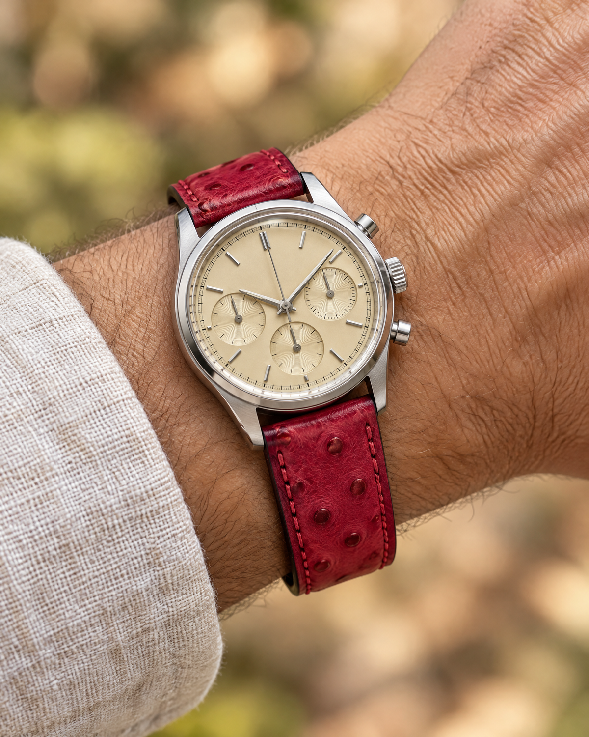 Raspberry Red Ostrich Leather Watch Strap – Handstitched