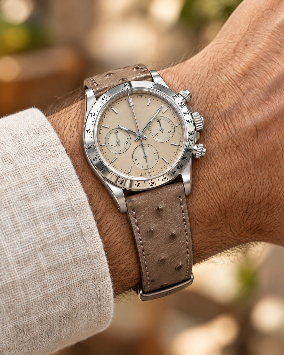 Taupe Smooth Ostrich Leather Watch Strap – Handstitched
