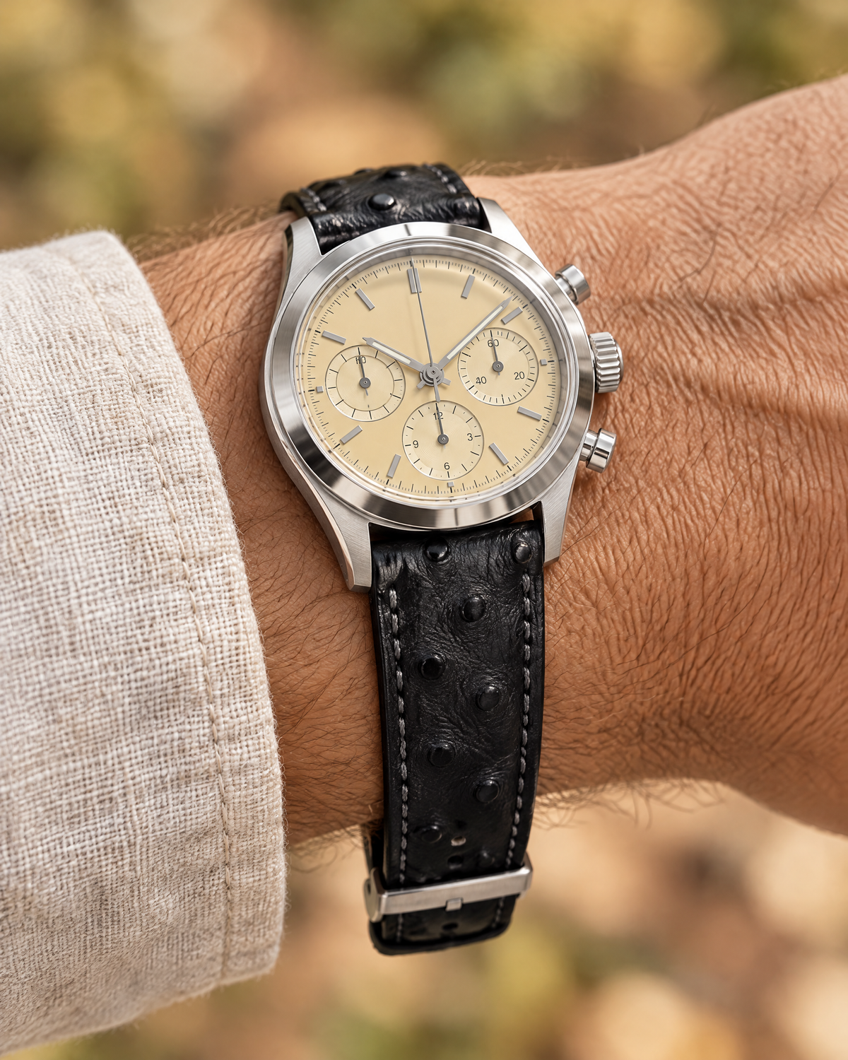Black Ostrich Leather Watch Strap Flat – Handstitched