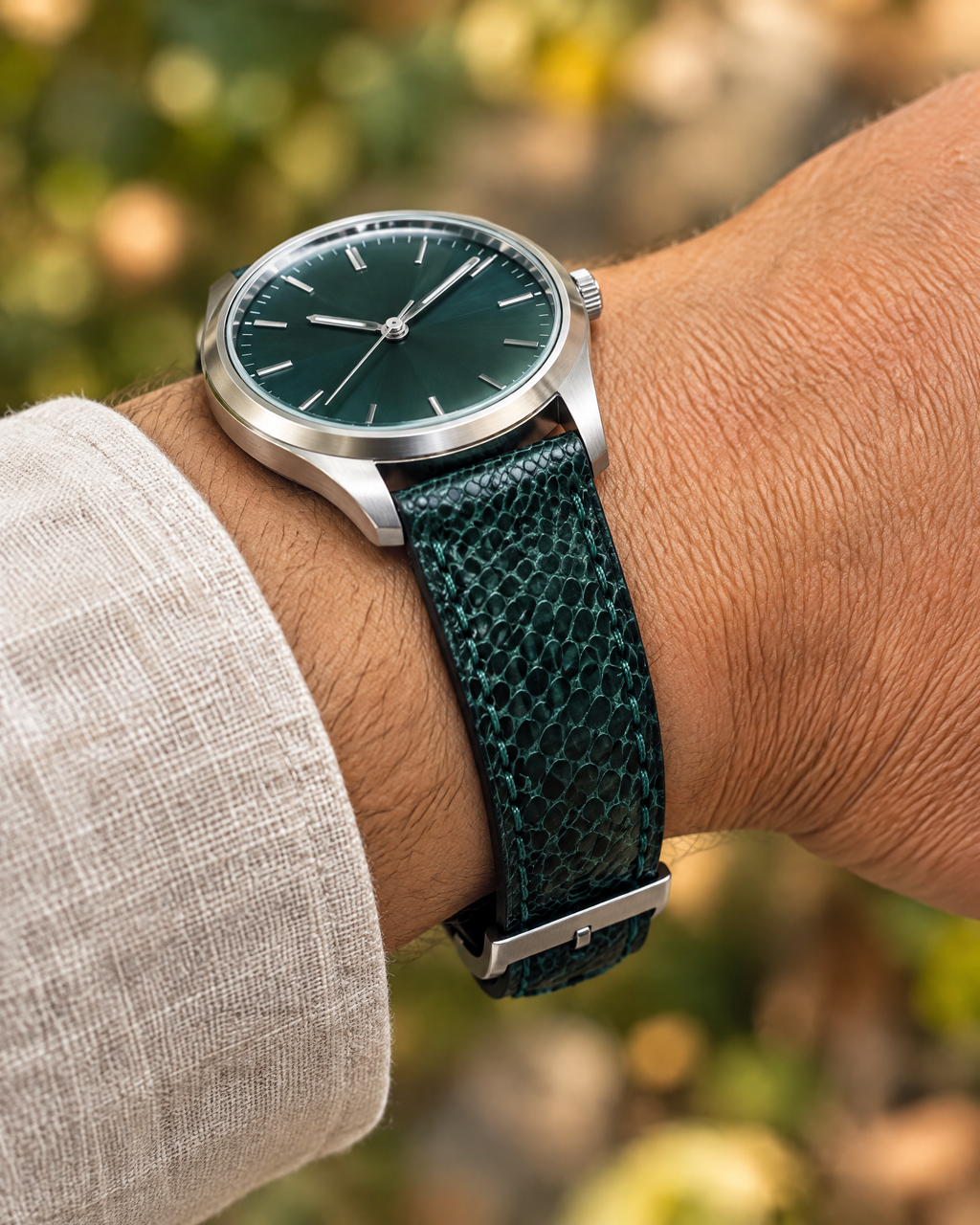 Dark Teal Green Sea Snake Leather Watch Strap – Handstitched
