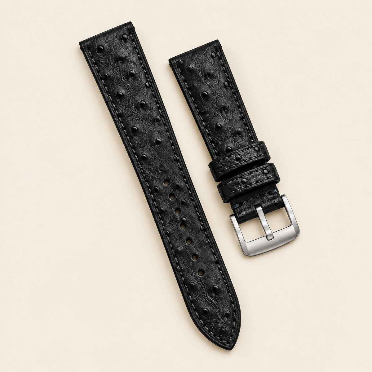 Black Ostrich Leather Watch Strap Flat – Handstitched