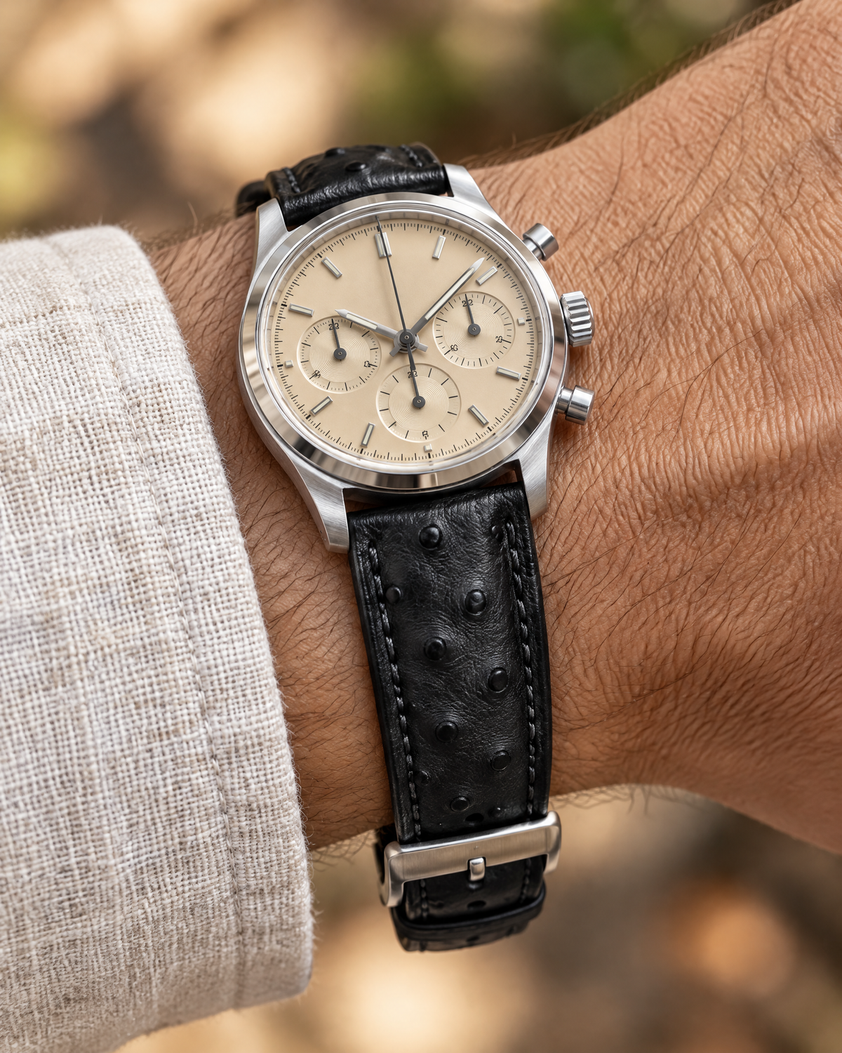 Black Ostrich Leather Watch Strap – Handstitched, Padded