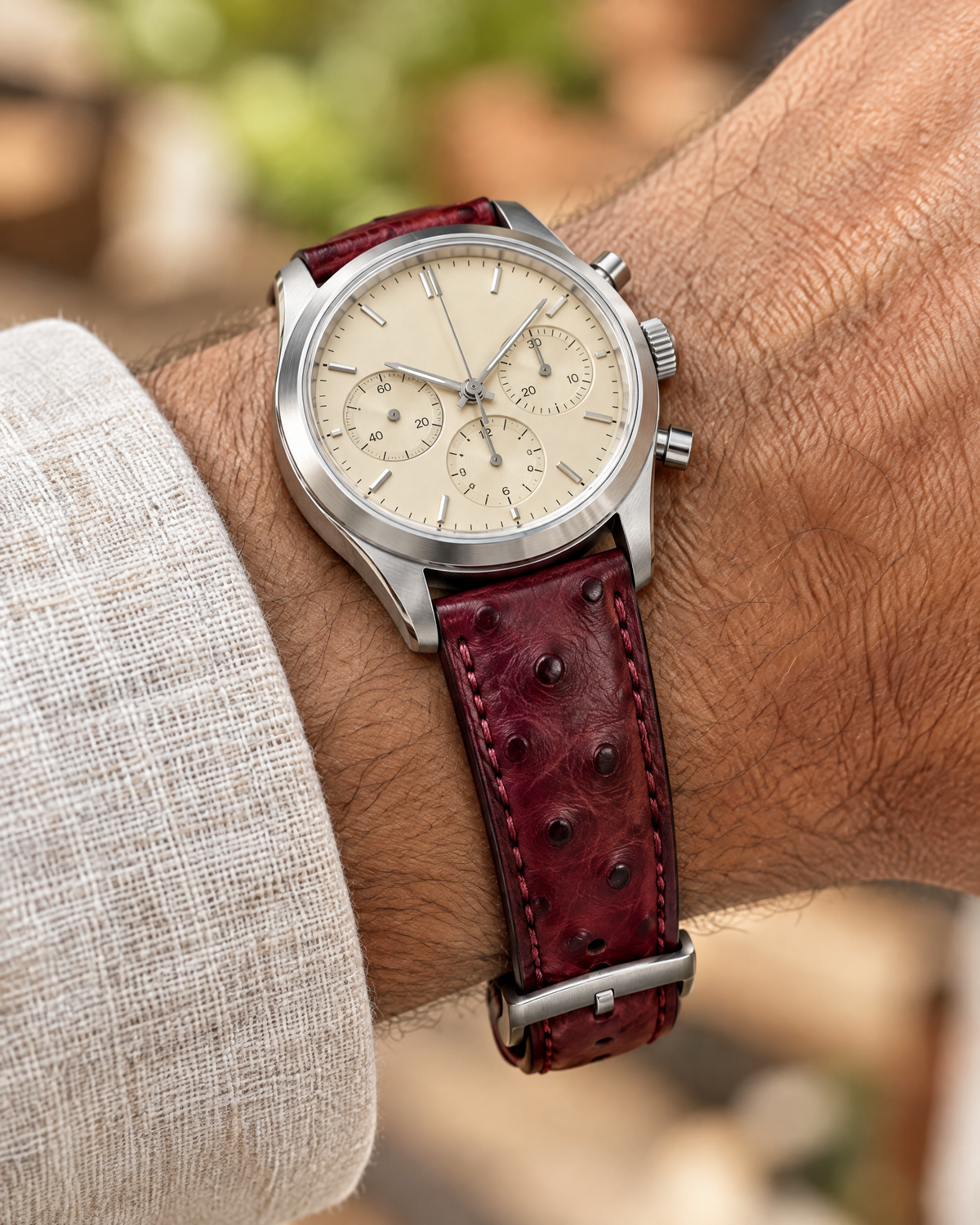 Burgundy Marble Smooth Ostrich Leather Watch Strap – Handstitched