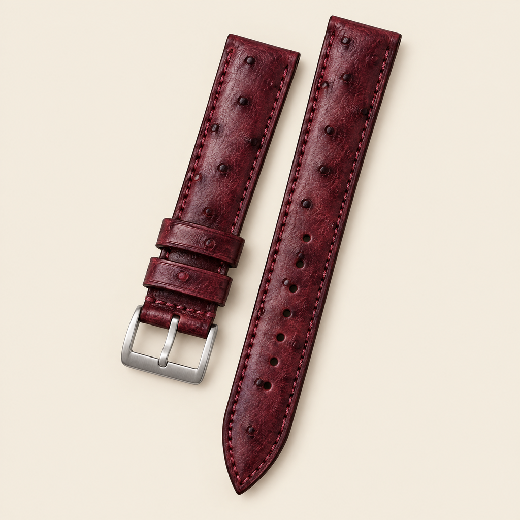 Burgundy Marble Smooth Ostrich Leather Watch Strap – Handstitched