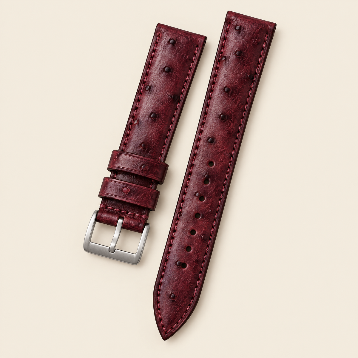 Burgundy Marble Smooth Ostrich Leather Watch Strap – Handstitched