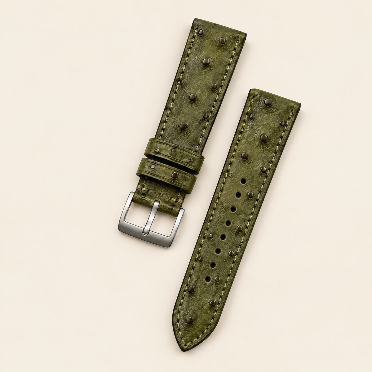 Olive Green Ostrich Leather Watch Strap – Handstitched