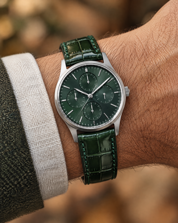 Alligator leather strap detail with gold buckle