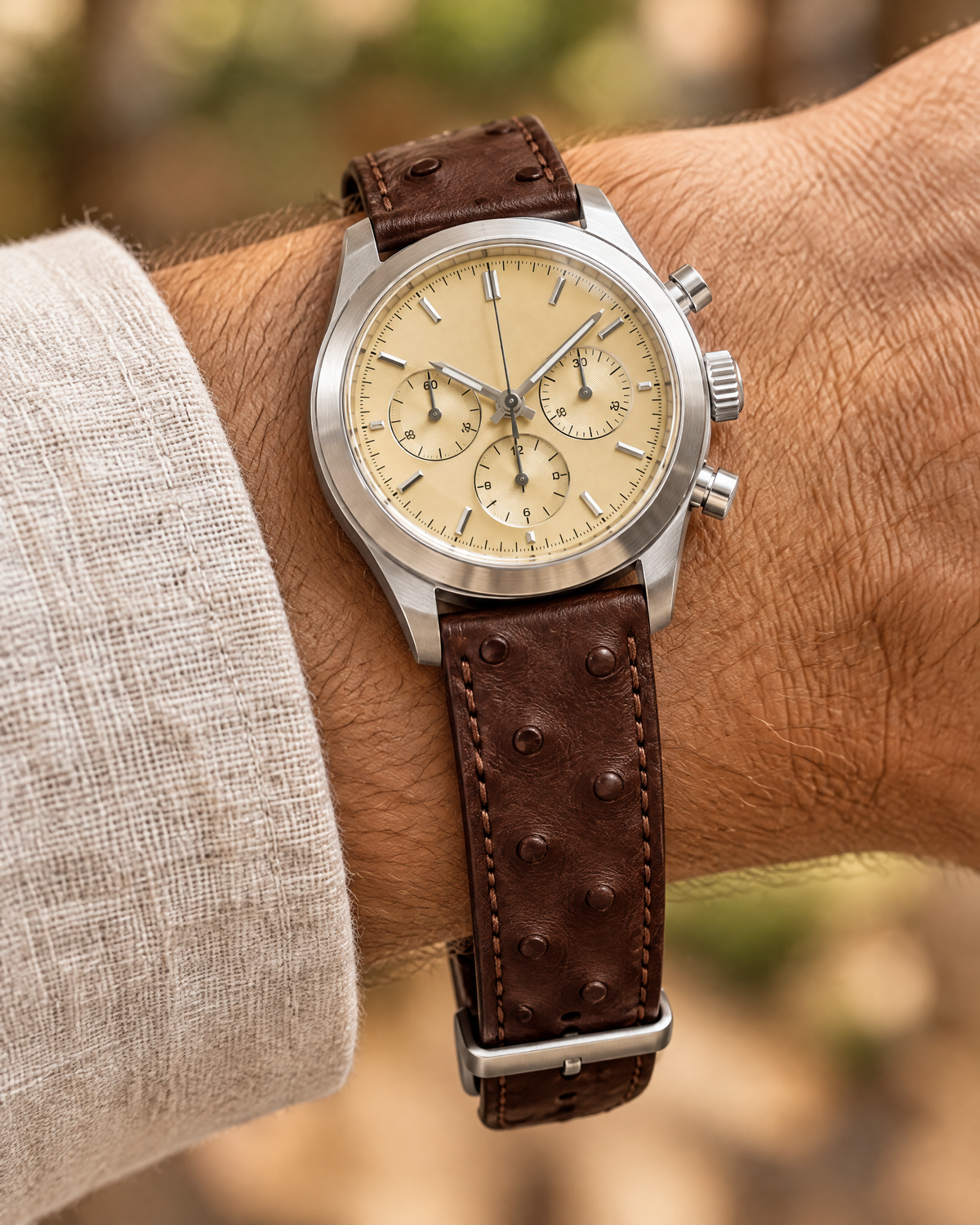 Dark Chocolate Brown Smooth Ostrich Leather Watch Strap – Handstitched
