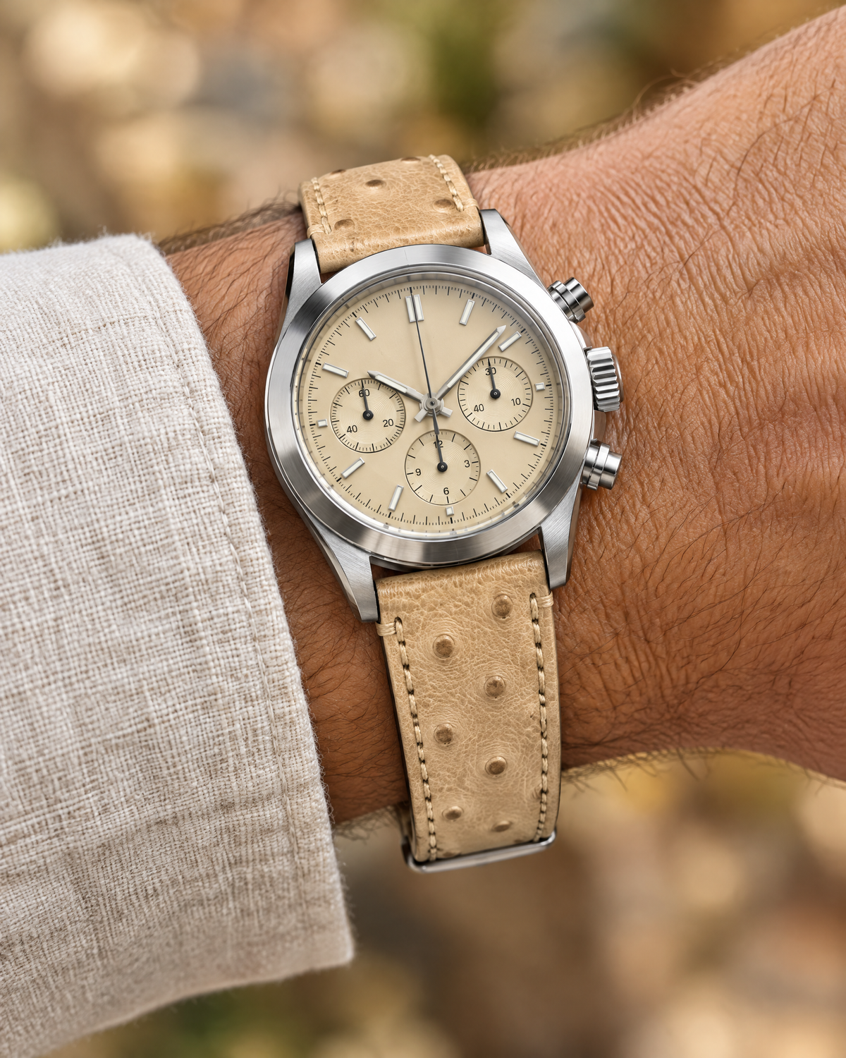 Light Sand Smooth Ostrich Leather Watch Strap – Handstitched