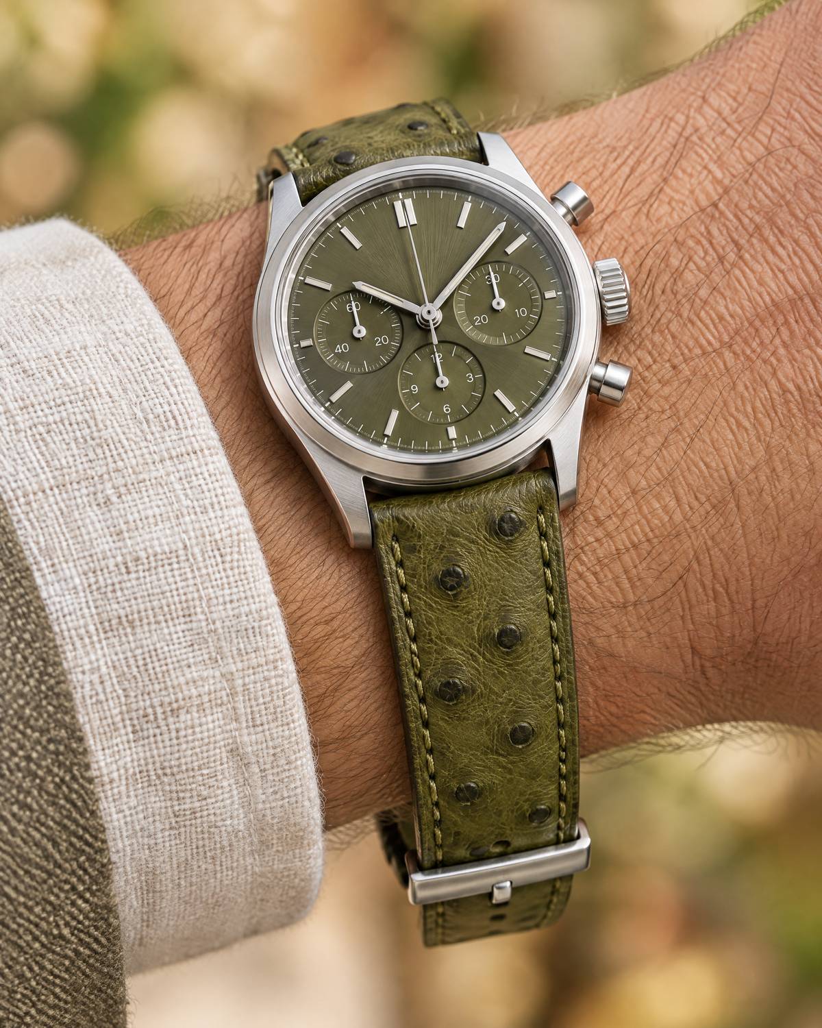 Olive Green Ostrich Leather Watch Strap – Handstitched