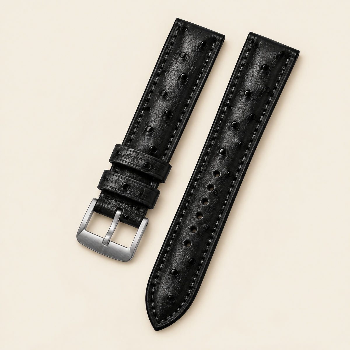 Black Ostrich Leather Watch Strap – Handstitched, Padded
