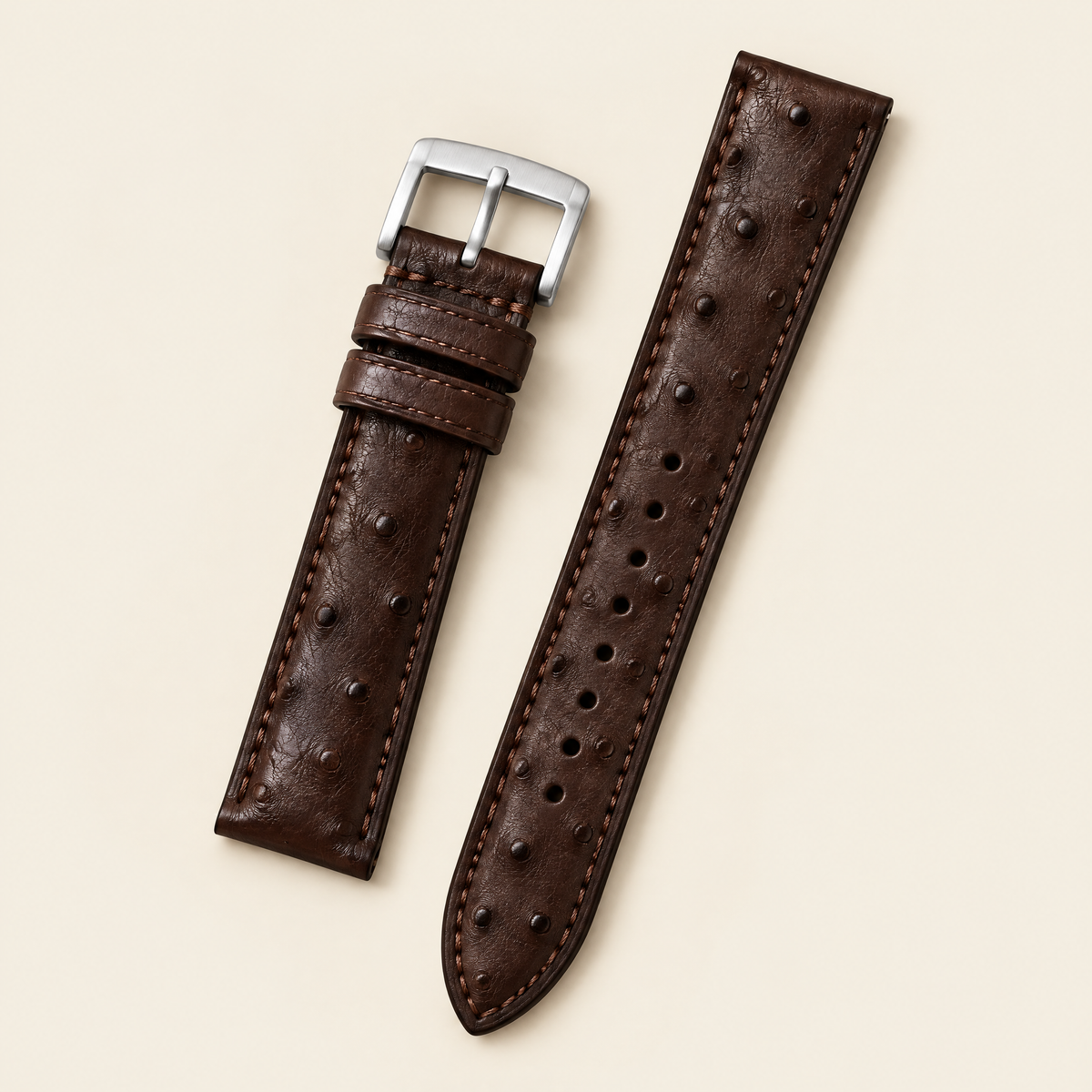 Dark Chocolate Brown Smooth Ostrich Leather Watch Strap – Handstitched