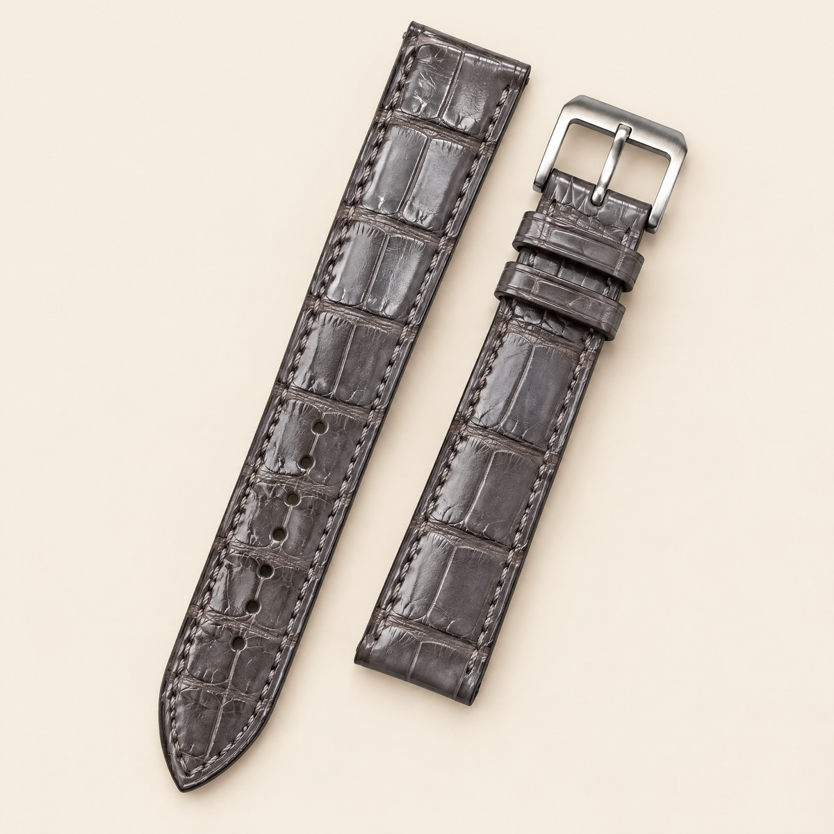 Gray Alligator Leather Watch Strap Flat – Handstitched