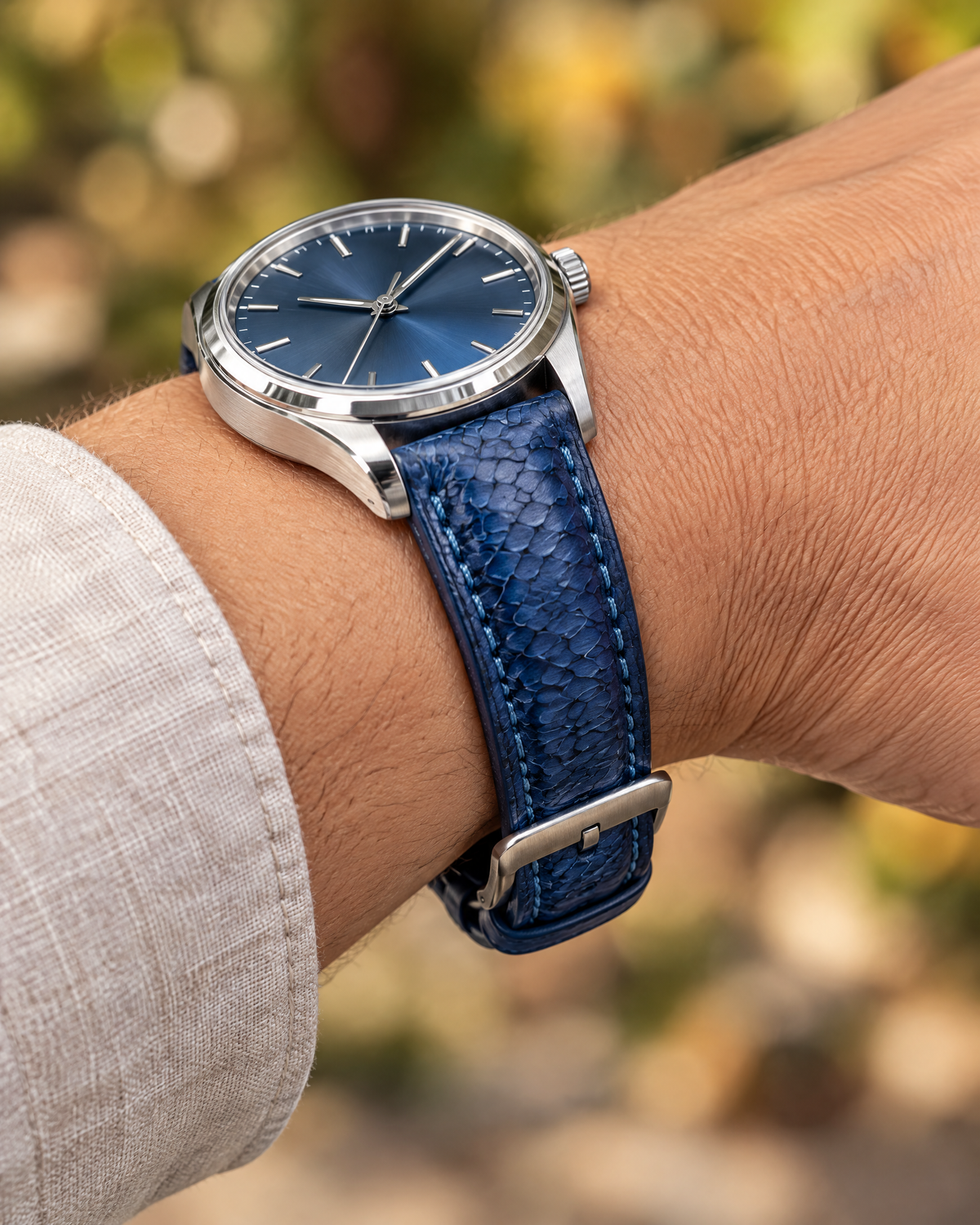 Blue Ostrich Leg Leather Watch Strap – Handstitched, Padded