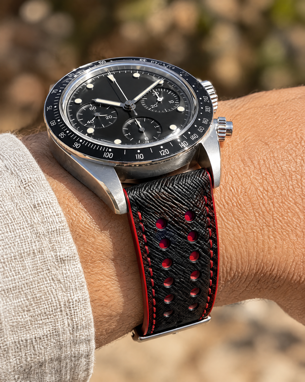 Black Red Rally Watch Strap Flat – Handstitched Epsom Leather with Racing Holes