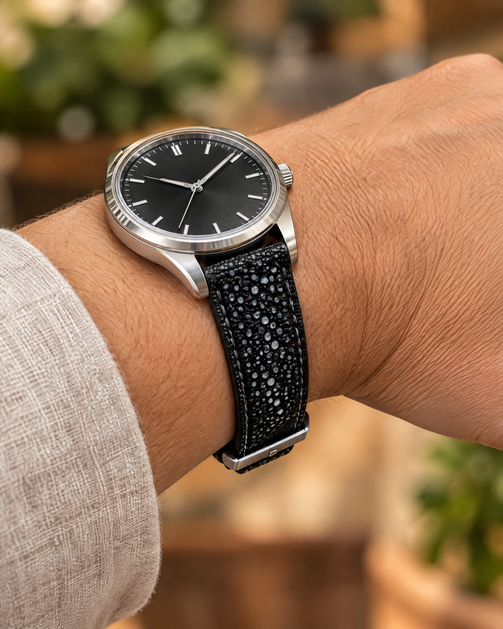 Vintage Black Stingray Leather Watch Strap – Handstitched