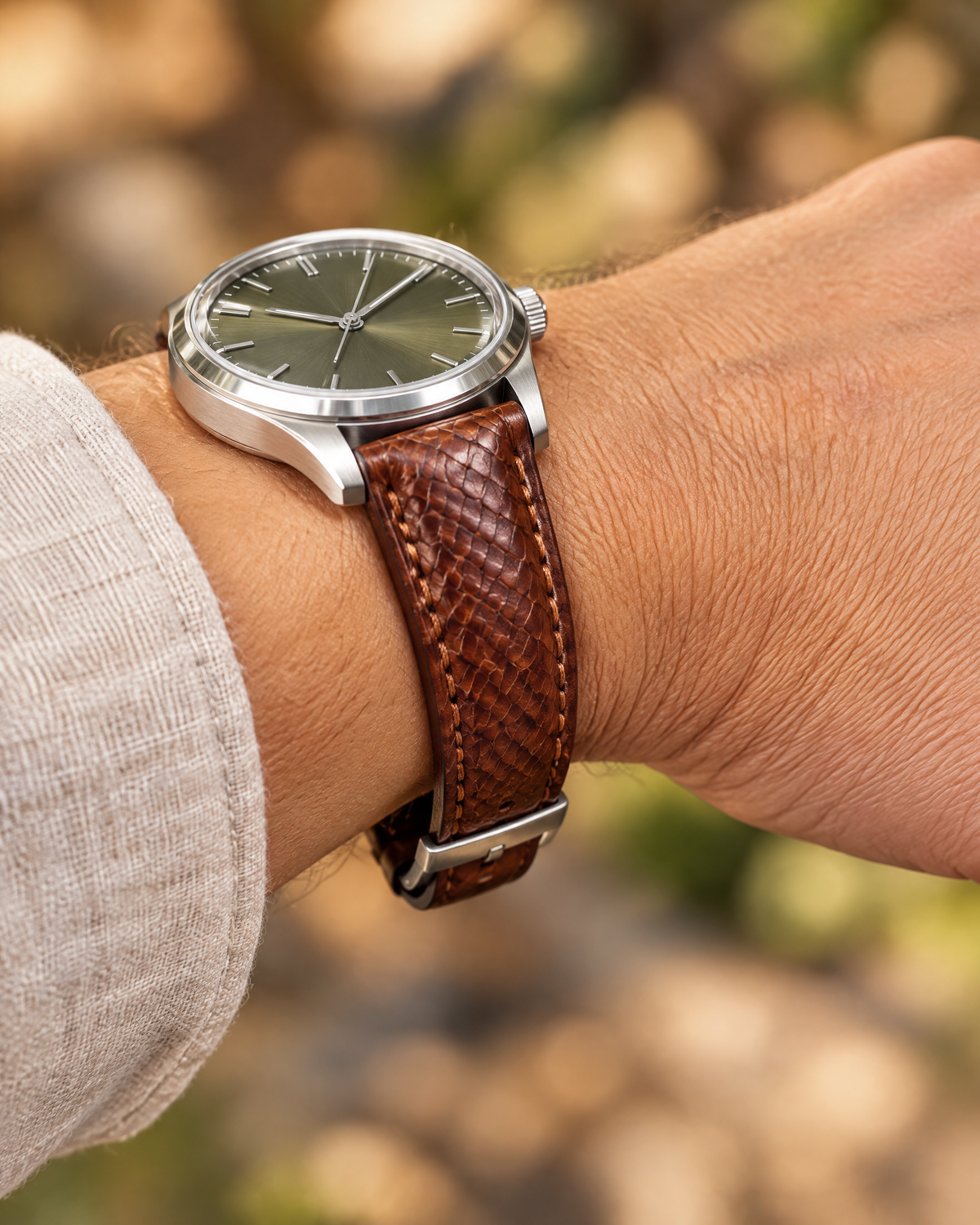 Chestnut Brown Ostrich Leg Leather Watch Strap – Handstitched, Padded