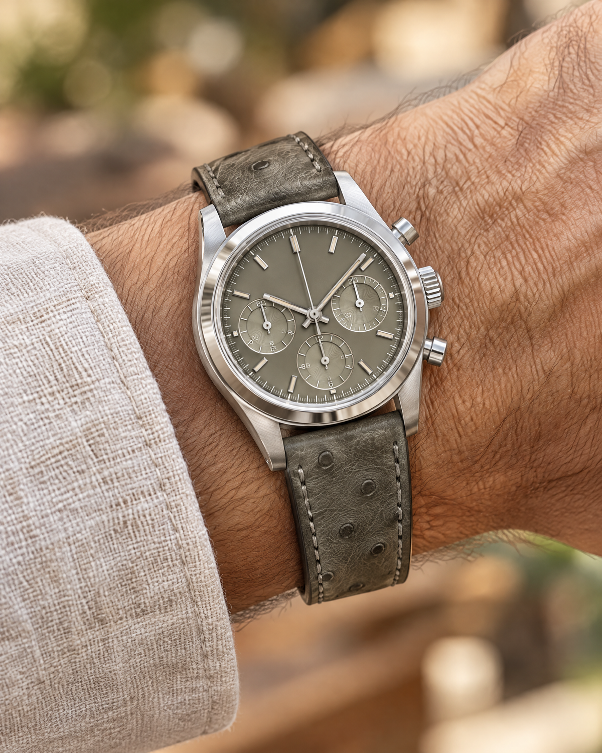 Olive Gray Ostrich Leather Watch Strap – Handstitched