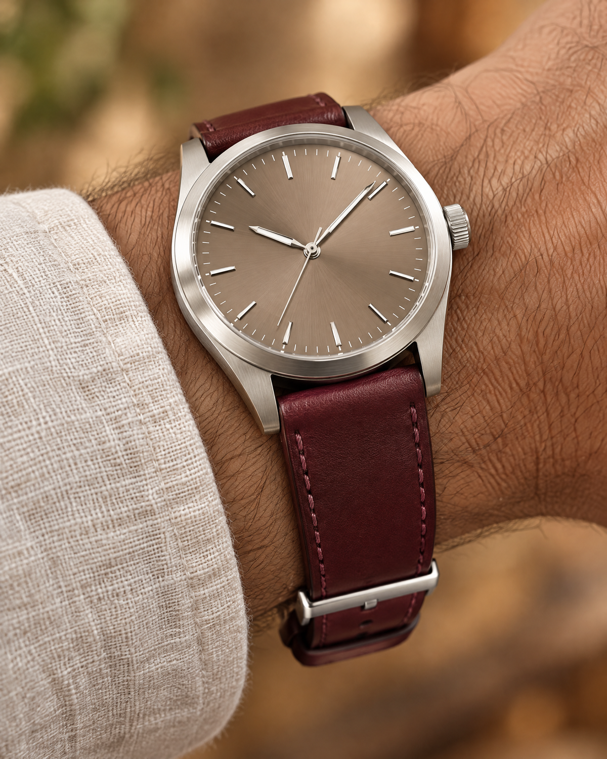 Burgundy Swift Leather Watch Strap – Handstitched