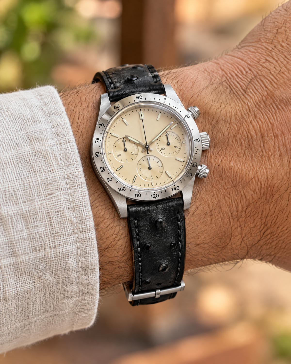 Black Ostrich Leather Watch Strap – Handstitched