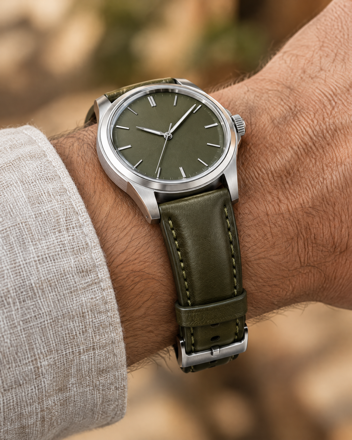 Deep Olive Green Swift Leather Watch Strap – Handstitched, Padded