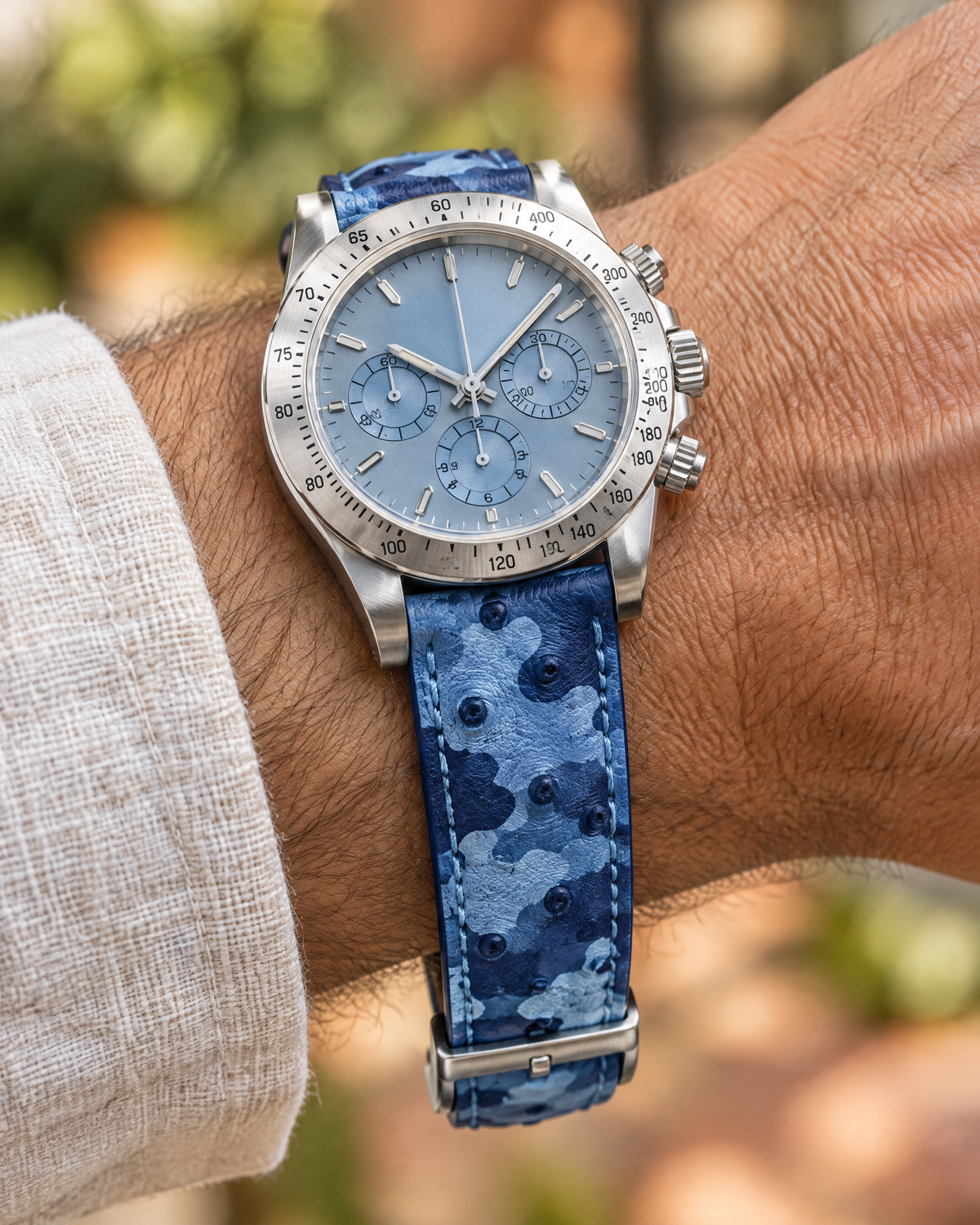 Sky Blue Navy Camo Ostrich Leather Watch Strap – Handstitched