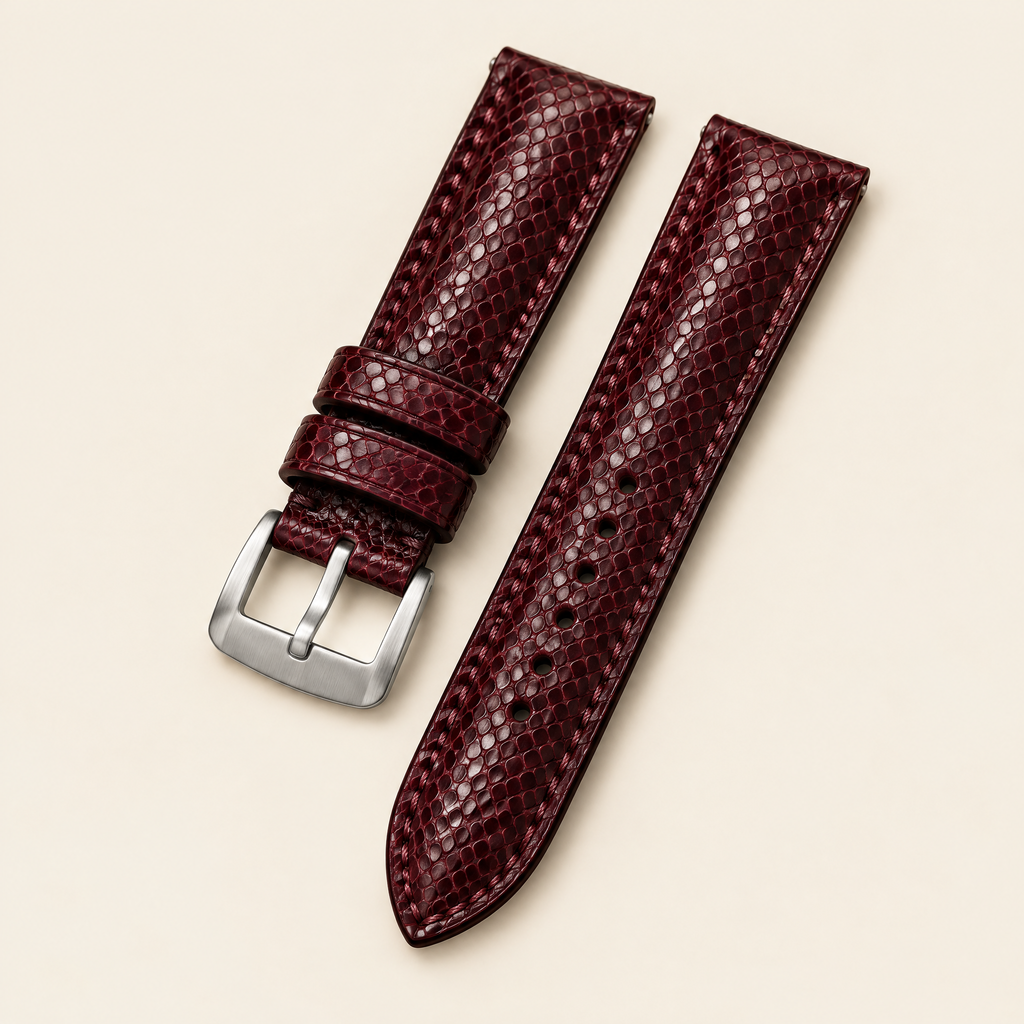 Burgundy Oxblood Sea Snake Leather Watch Strap – Handstitched, Padded