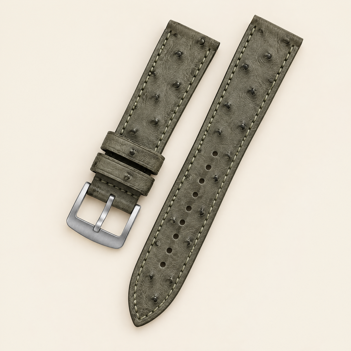 Olive Gray Ostrich Leather Watch Strap – Handstitched