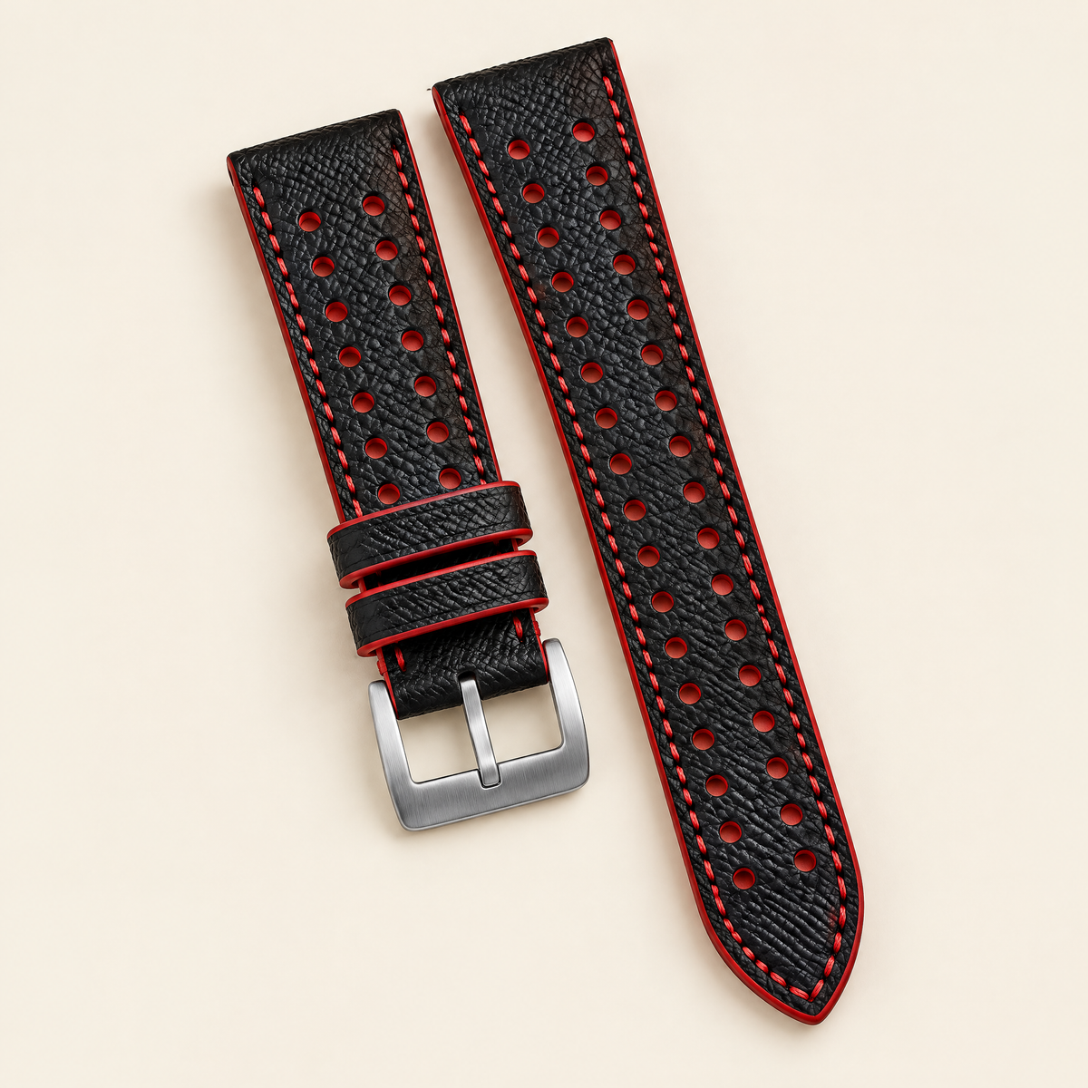 Black Red Rally Watch Strap Flat – Handstitched Epsom Leather with Racing Holes