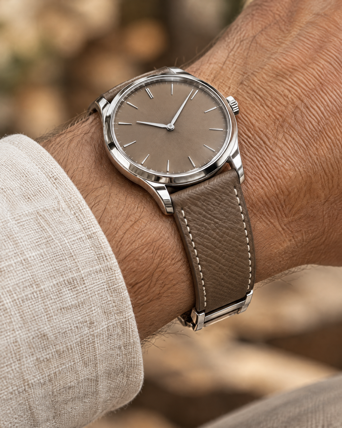 Taupe Togo Leather Watch Strap – Handstitched with Deployant Clasp