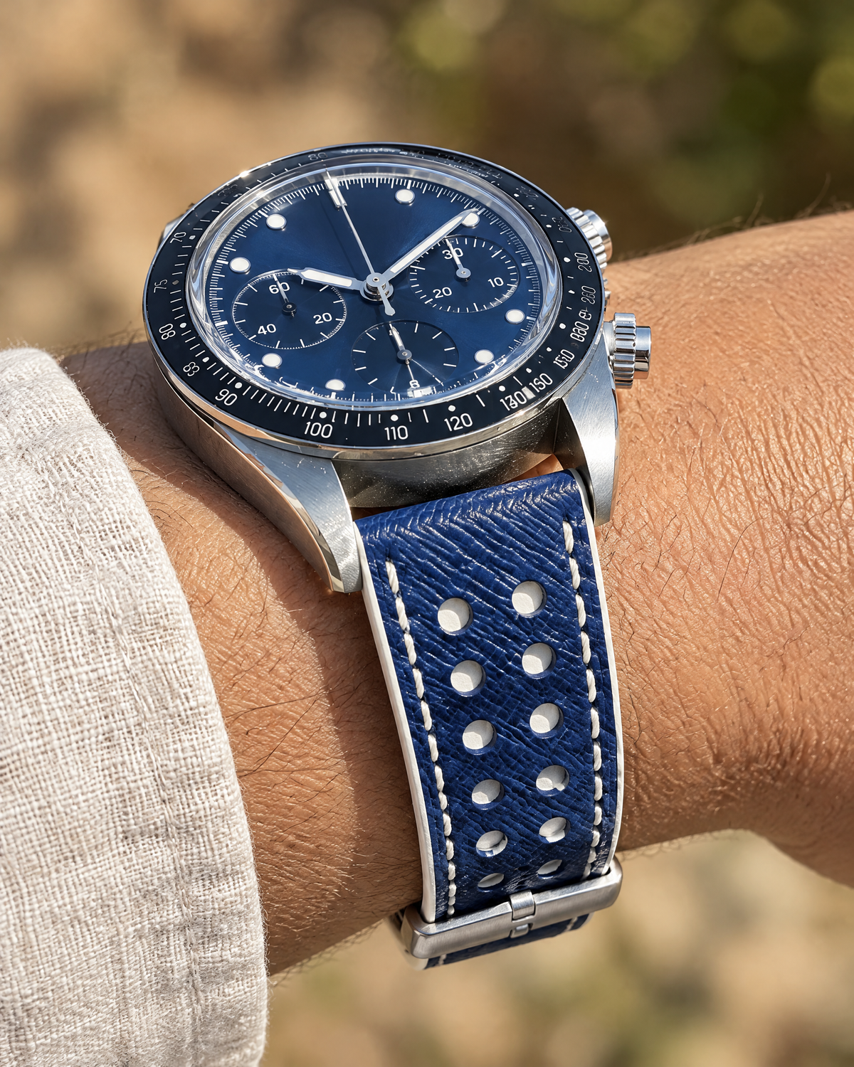 Blue & White Rally Watch Strap – Handstitched Epsom Leather with Racing Holes