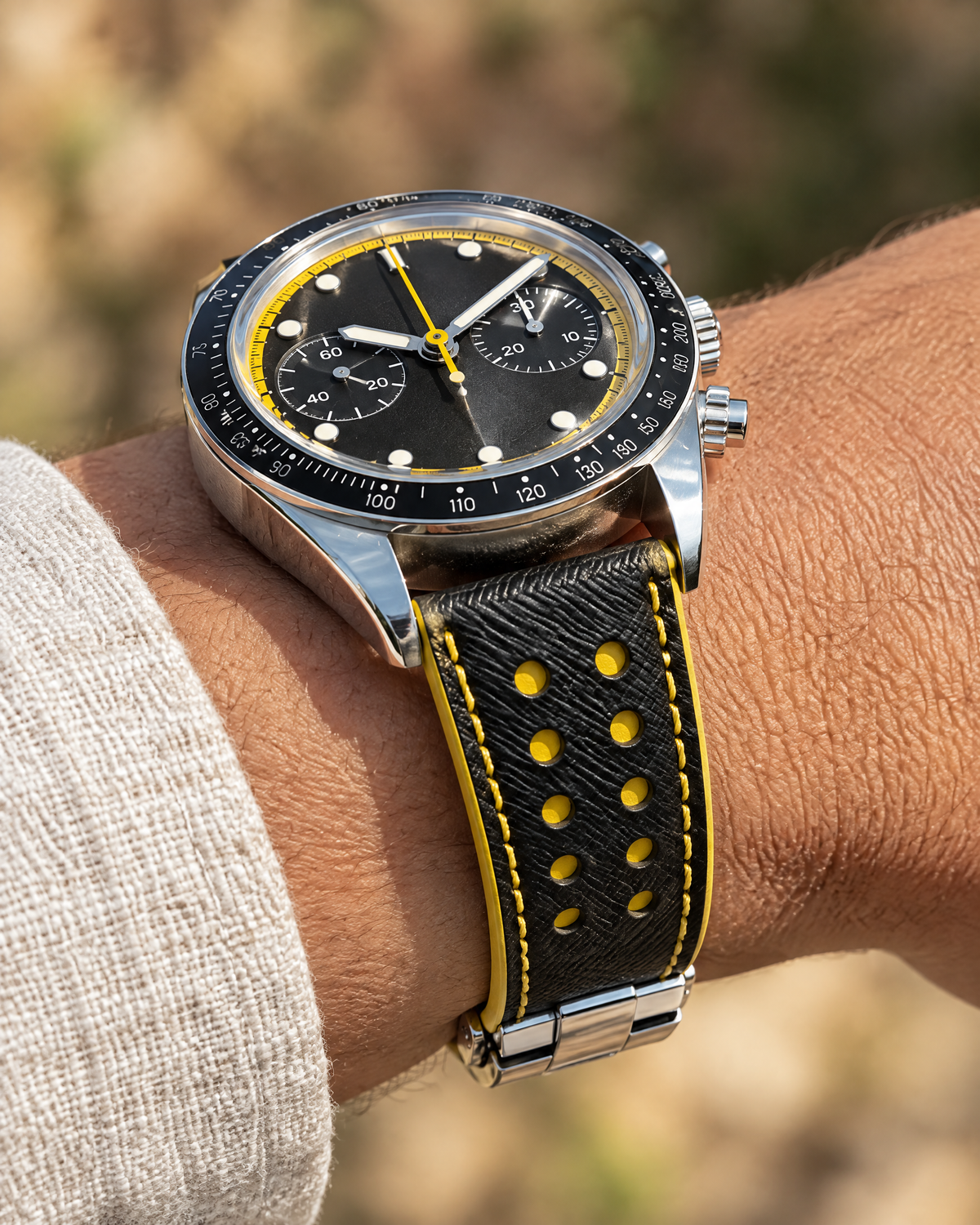 Black & Yellow Rally Watch Strap – Handstitched Epsom Leather with Racing Holes with Deployant Clasp