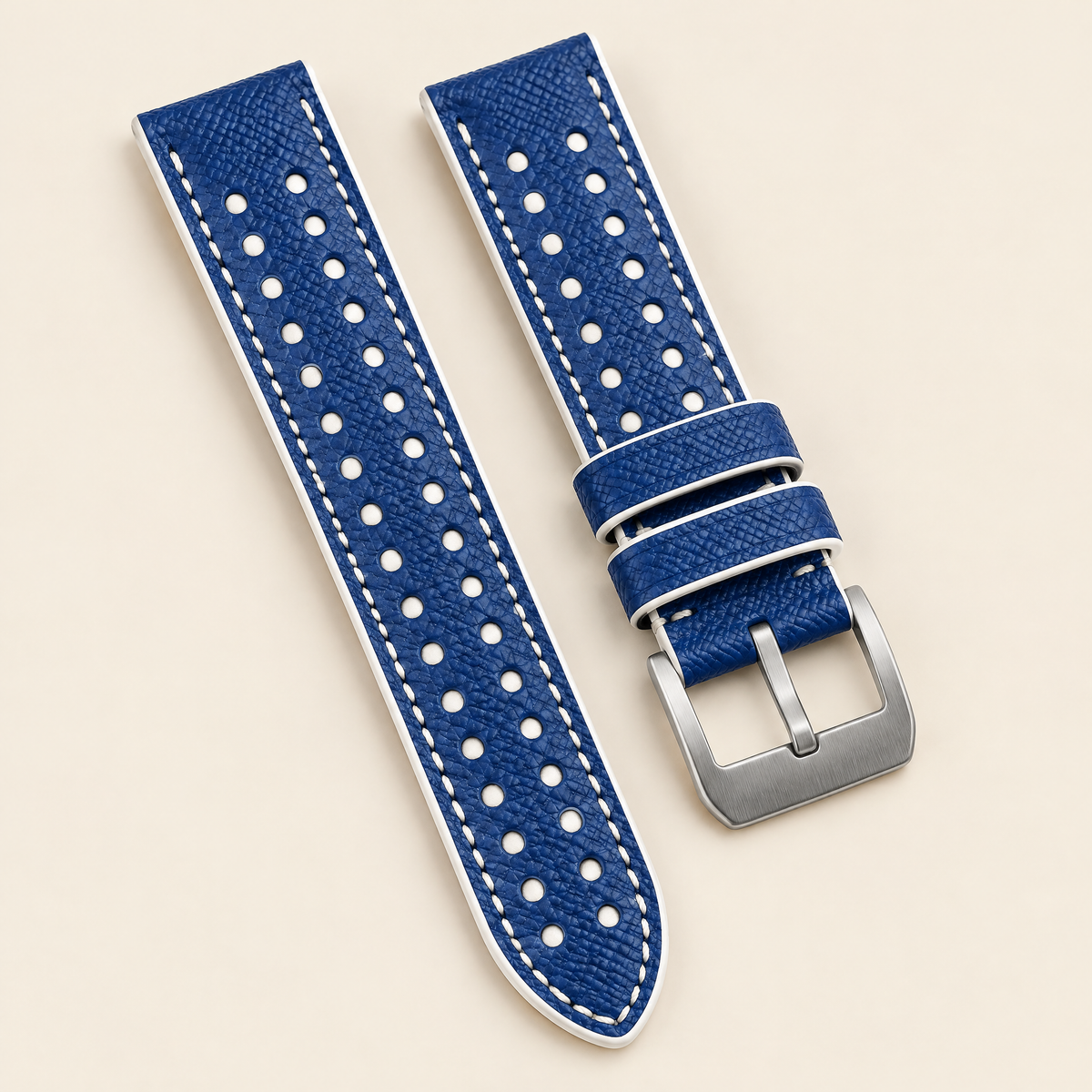 Blue & White Rally Watch Strap – Handstitched Epsom Leather with Racing Holes