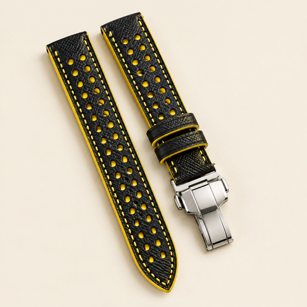 Black & Yellow Rally Watch Strap – Handstitched Epsom Leather with Racing Holes with Deployant Clasp