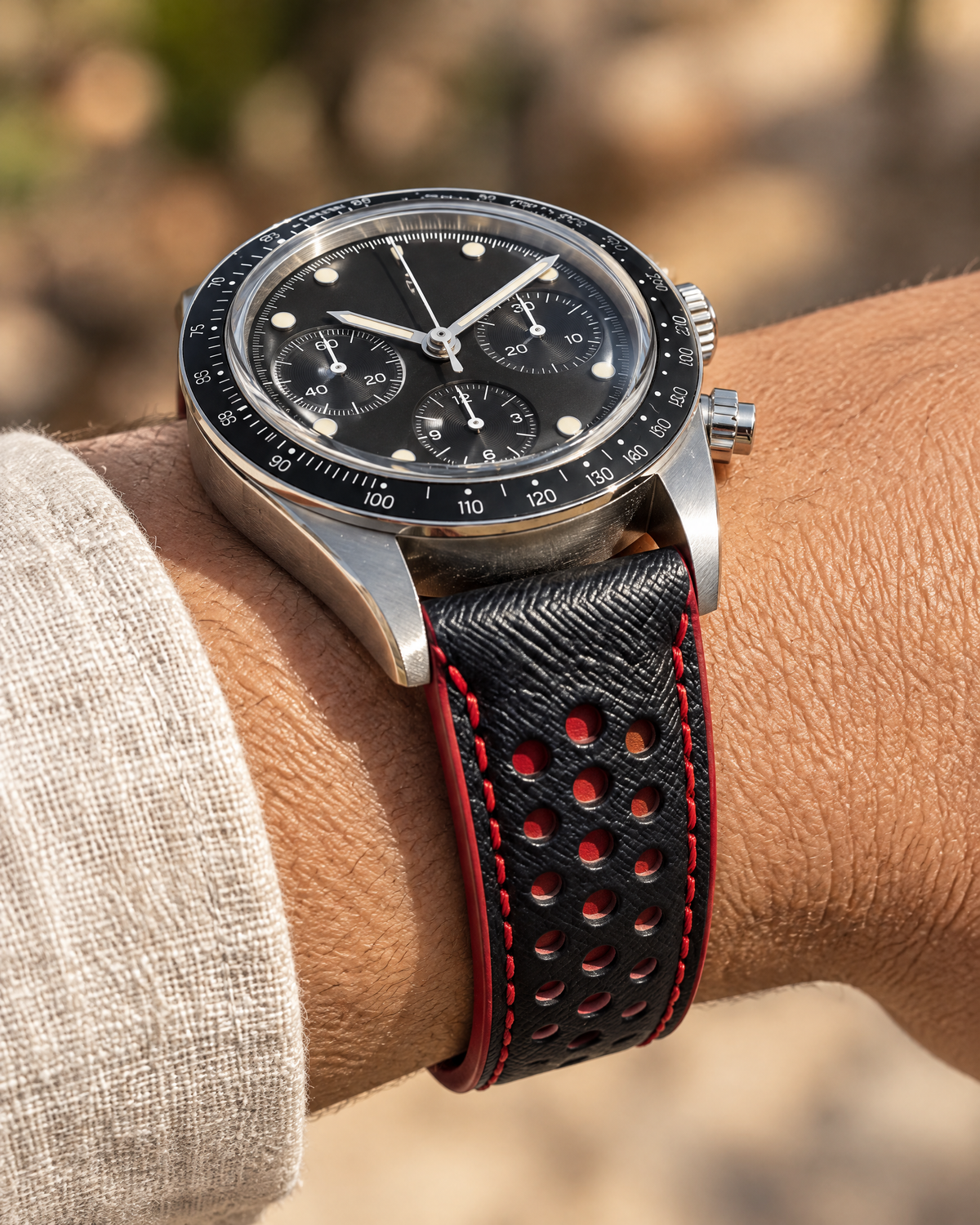 Black Red Rally Watch Strap Padded – Handstitched Epsom Leather with Racing Holes