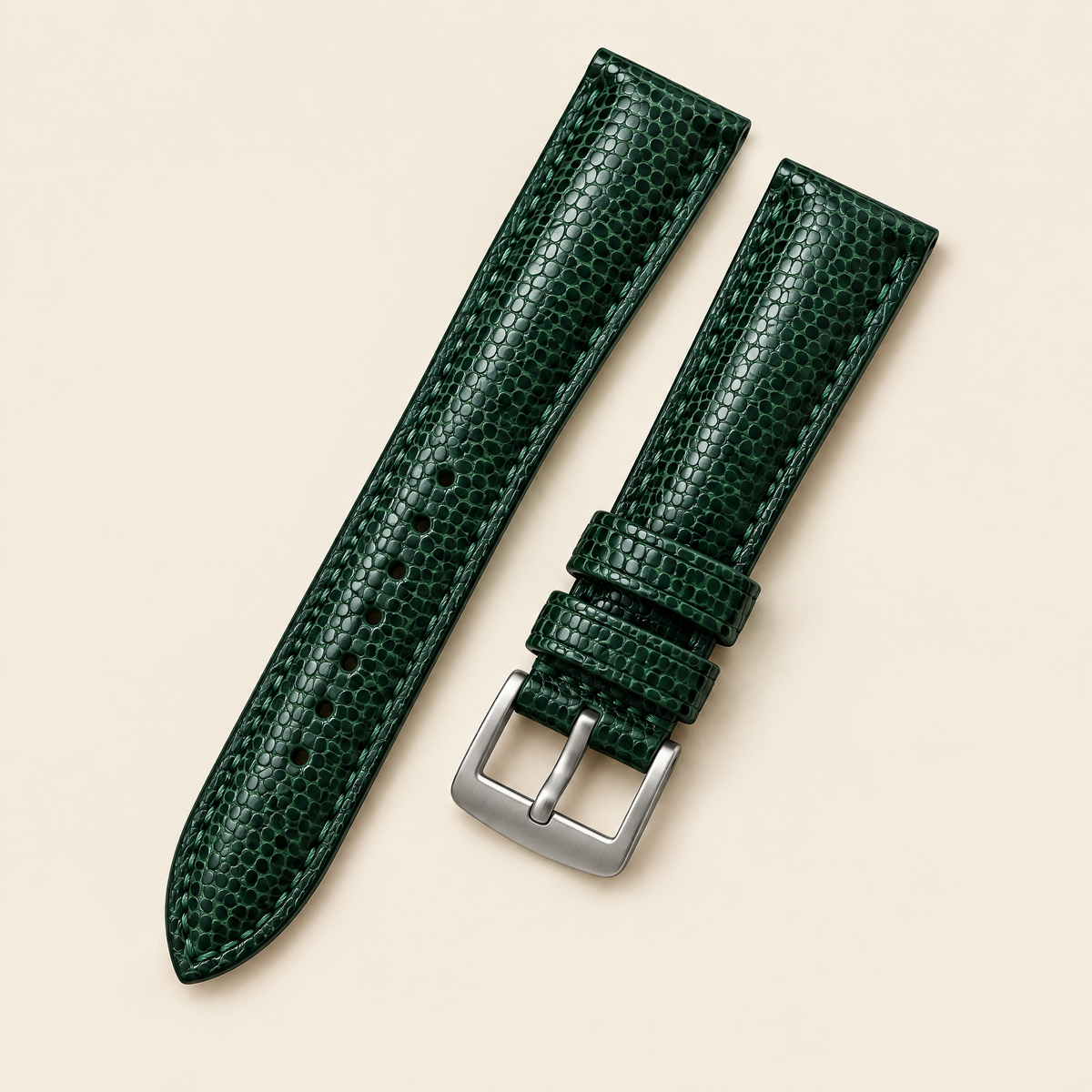 Forest Green Lizard Leather Watch Strap – Handstitched, Padded