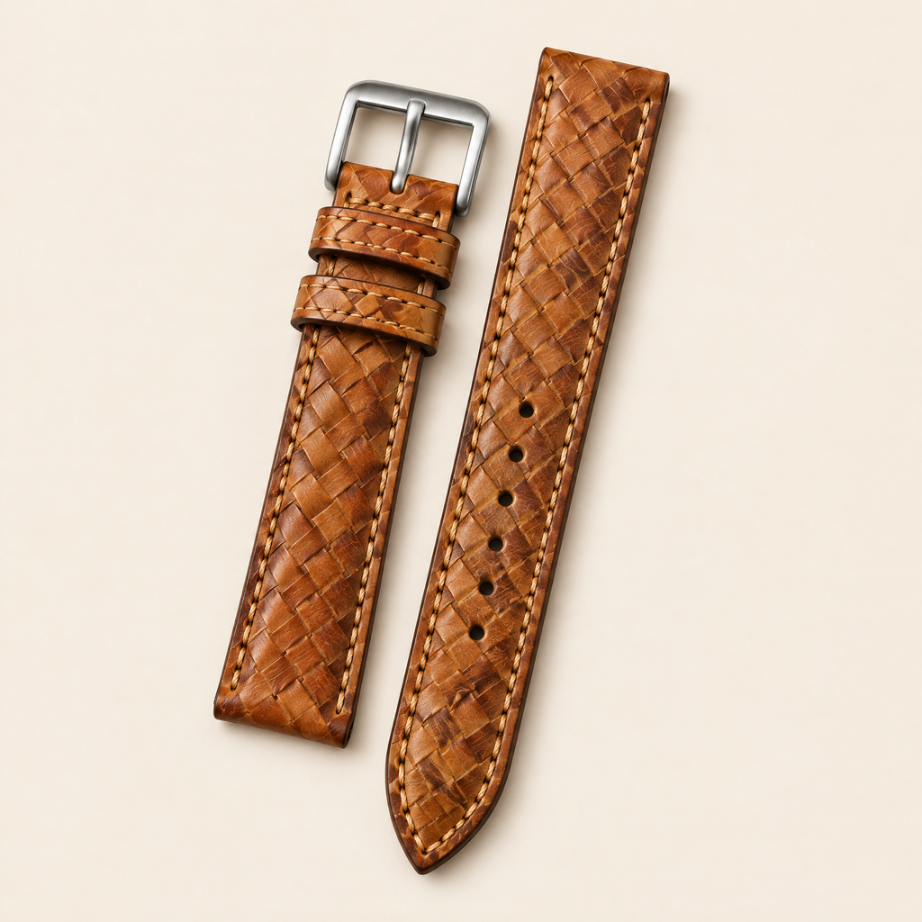 Diamond Basket Weave Tan Hand-Dyed Patina Leather Watch Strap – Handstitched