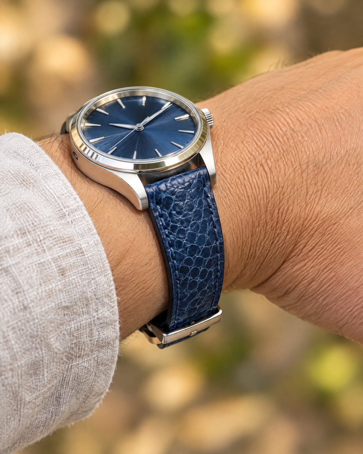 Blue Ostrich Leg Leather Watch Strap Flat – Handstitched