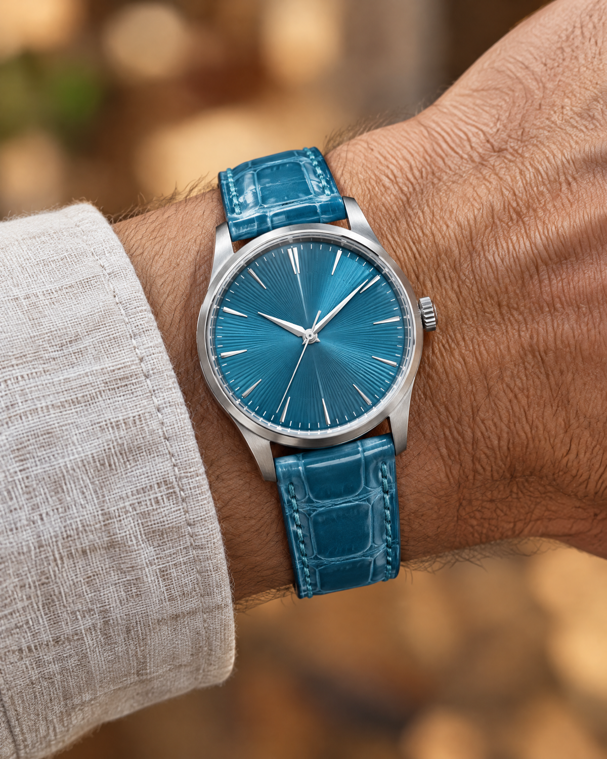 Patina Aqua Blue Alligator Leather Watch Strap – Handstitched