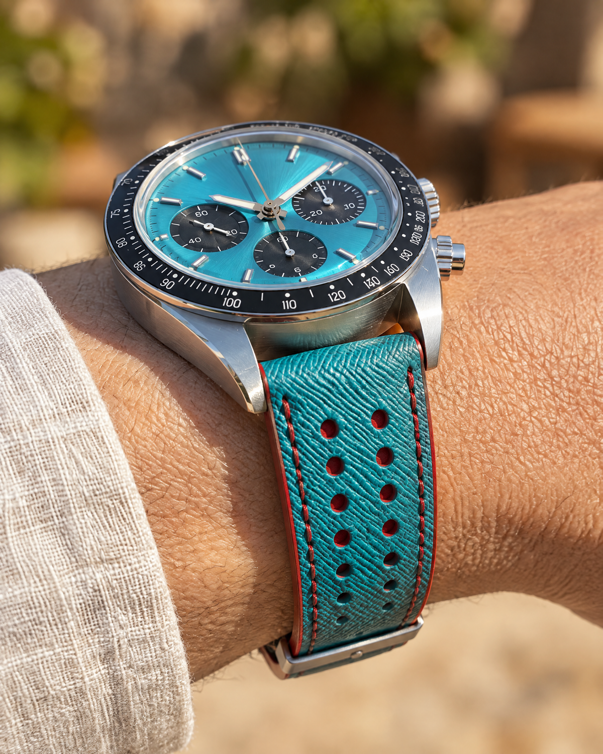 Turquoise & Red Rally Watch Strap – Handstitched Epsom Leather with Racing Holes