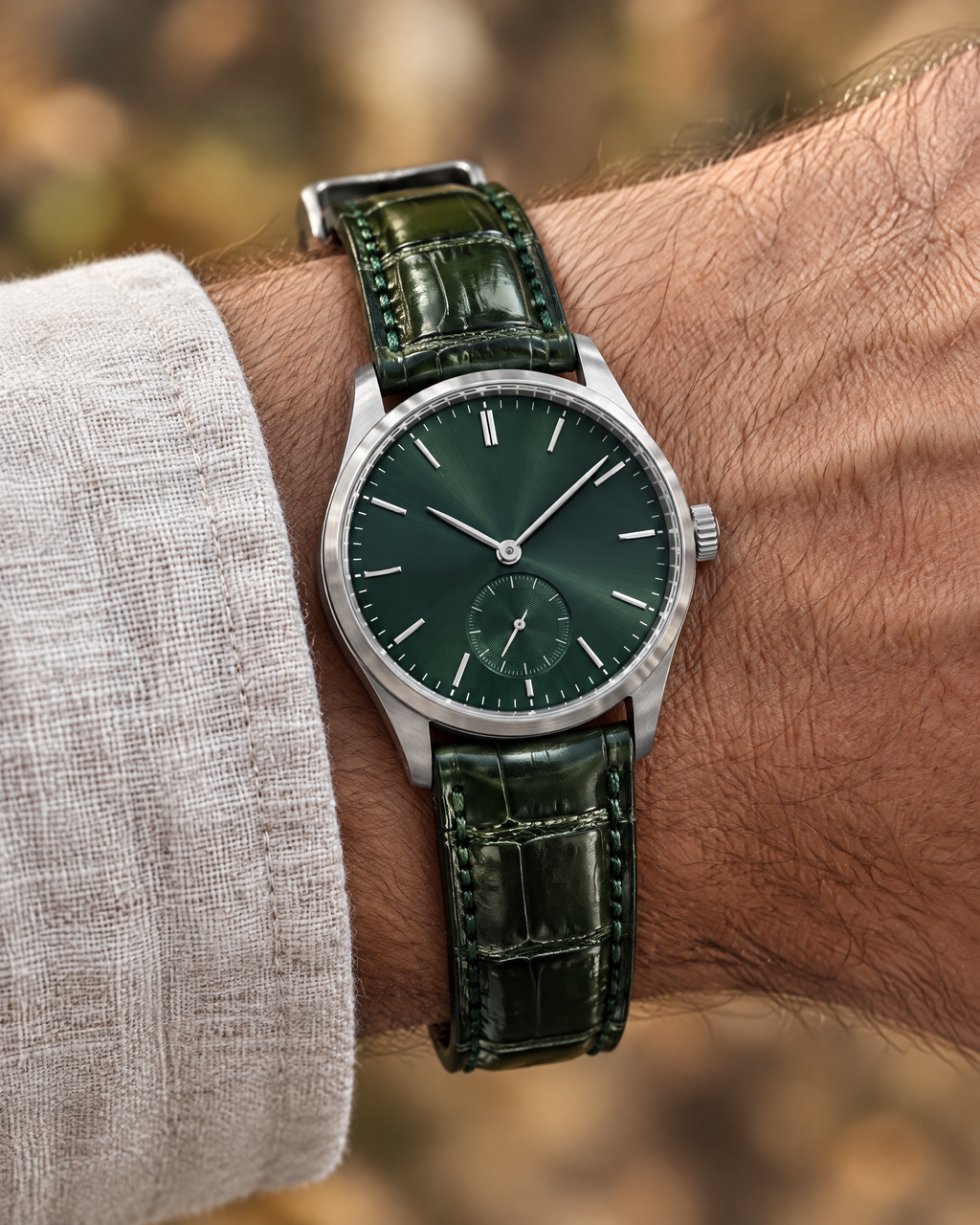 Dark Green Alligator Leather Watch Strap – Handstitched, Padded