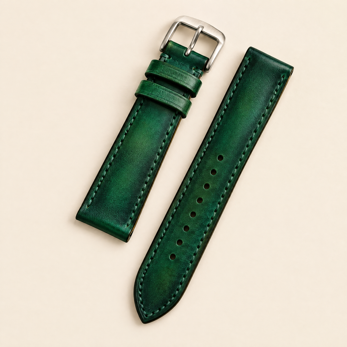 Emerald Green Hand-Dyed Patina Leather Watch Strap – Handstitched