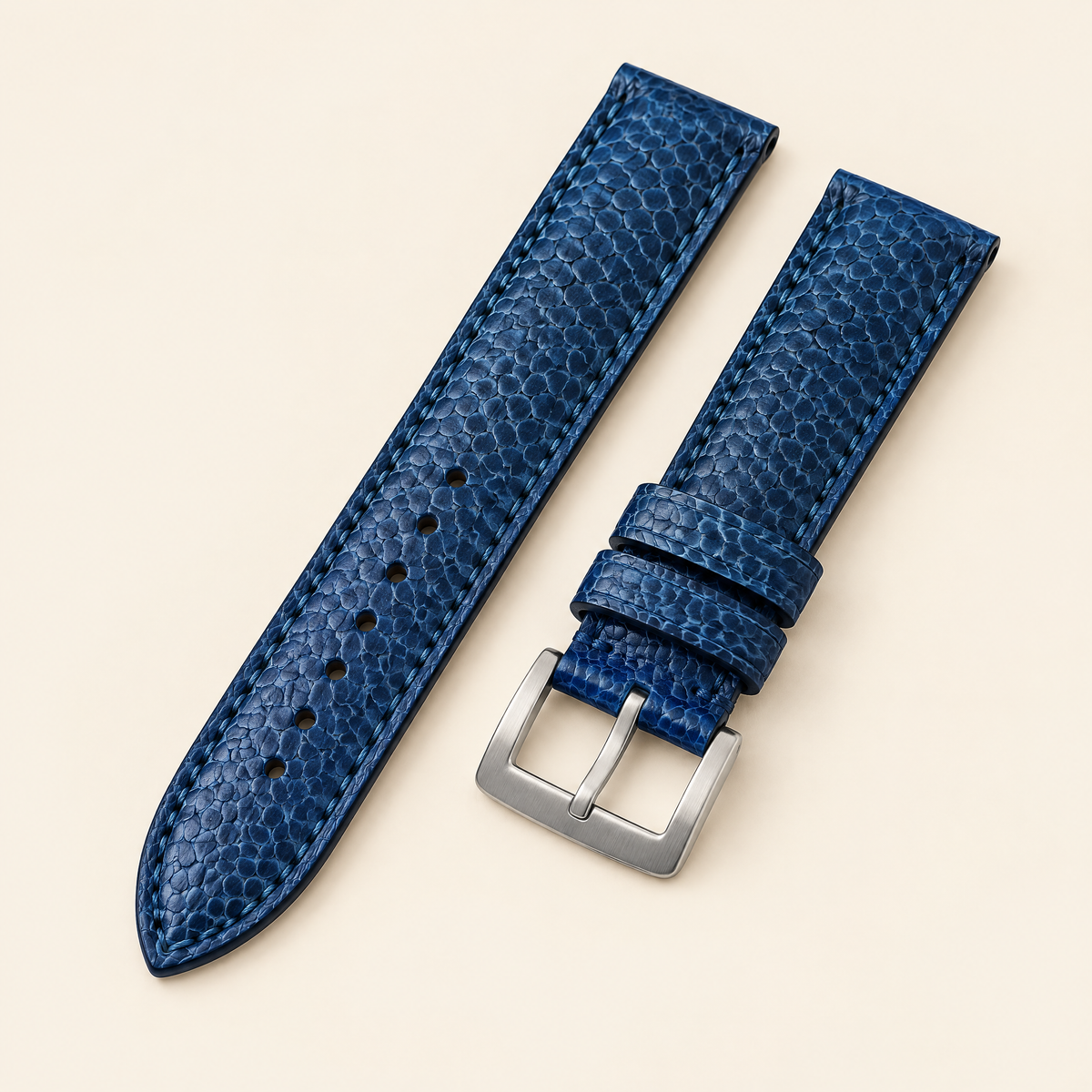 Blue Ostrich Leg Leather Watch Strap Flat – Handstitched