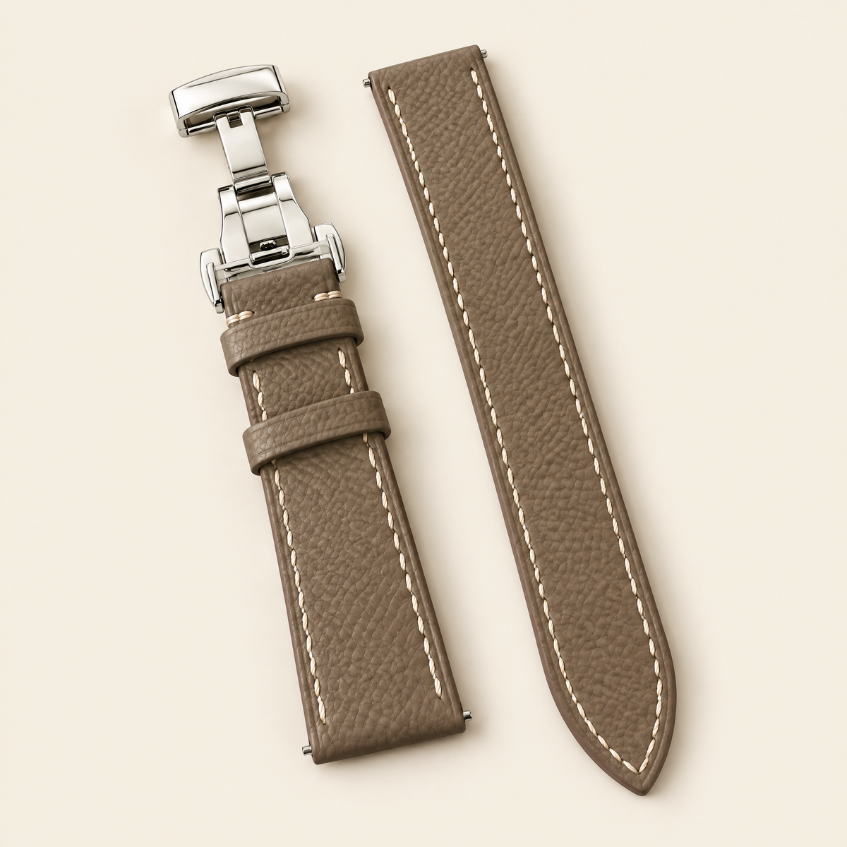 Taupe Togo Leather Watch Strap – Handstitched with Deployant Clasp