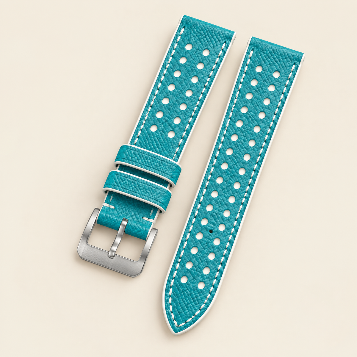Turquoise & White Rally Watch Strap – Handstitched Epsom Leather with Racing Holes